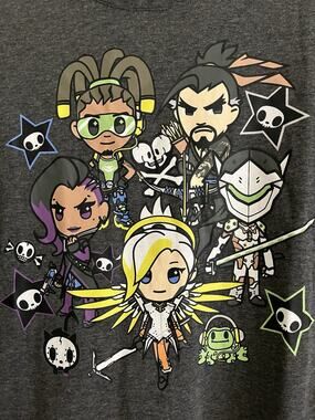Tokidoki x Overwatch T Shirt Large Gray Mercy Genji Hanzo Sombra NYCC NWT